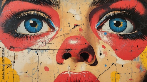 Close-up painting: cracked face, blue eyes, red lips.