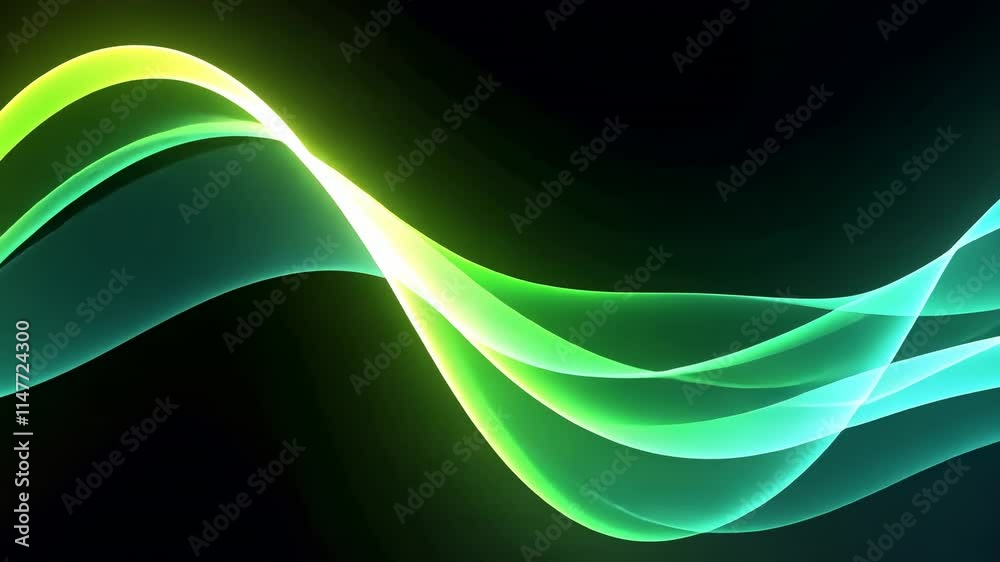 Smooth flowing green light waves on a dark background create futuristic energy. Vibrant, sleek design perfect for modern visuals. Elegant abstract animation.