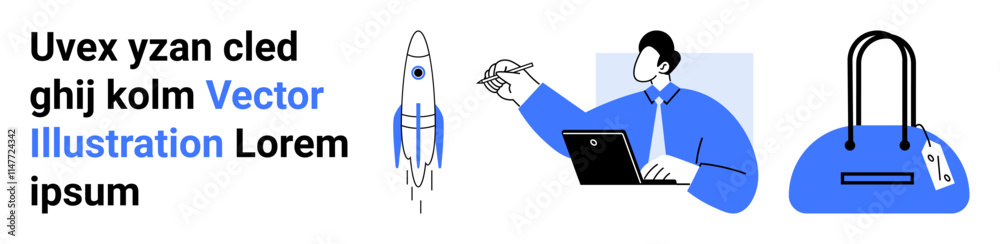 Business person holding pen and working on laptop, rocket launching, blue handbag with tag, alongside text. Ideal for business, technology, travel, e-commerce, entrepreneurship innovation product Business person holding pen and working on laptop, rocket launching, blue handbag with tag, alongside text. Ideal for business, technology, travel, e-commerce, entrepreneurship innovation product