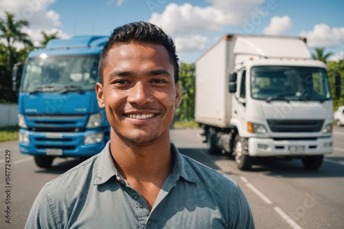 Close portrait of a smiling young Micronesian male truckdriver looking at the camera, against Micronesian blurred background. photo