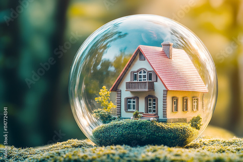 A house shaped like a bubble, floating in a dreamy sky with soft lighting and reflective surfaces. photo