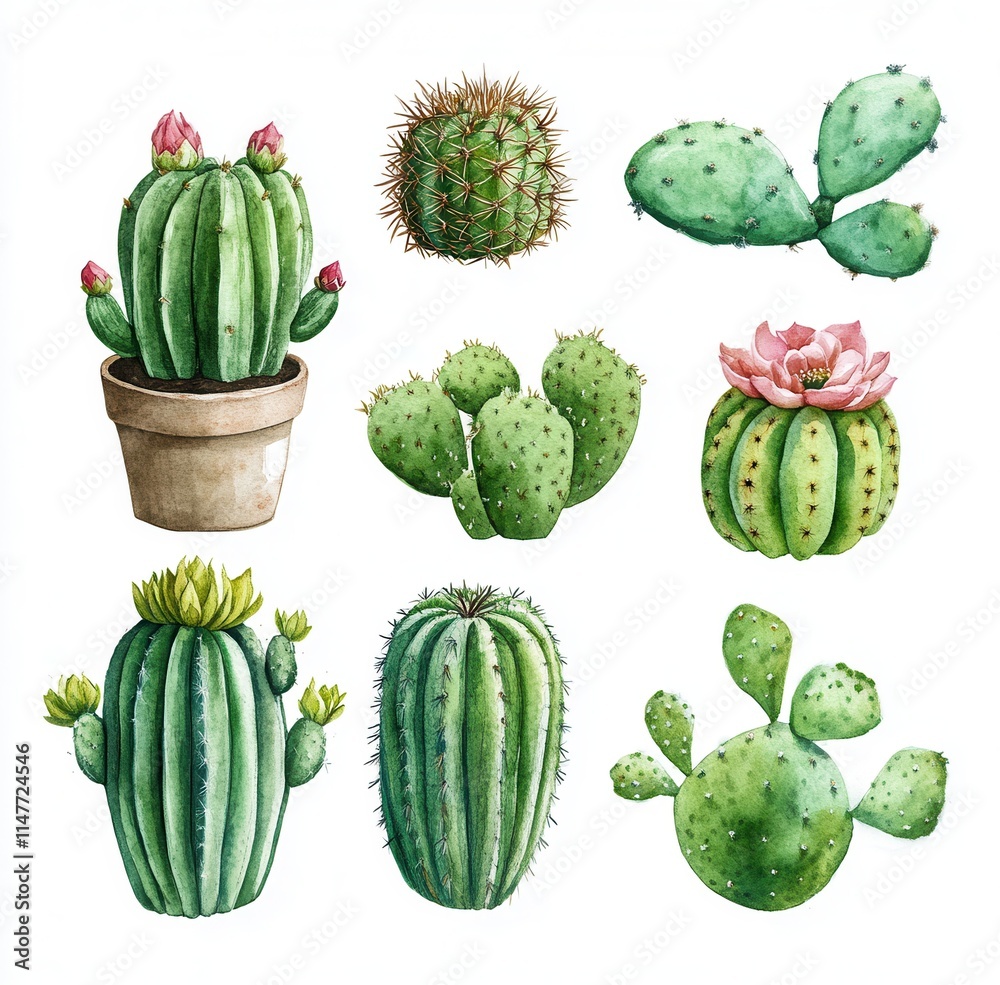 Fototapeta premium A vibrant illustration featuring various cacti, showcasing different shapes and colors, perfect for plant enthusiasts.