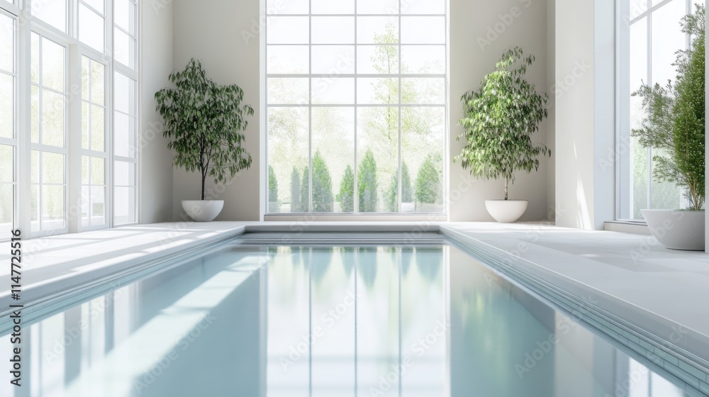 Fototapeta premium Minimalist modern indoor pool with clean, sophisticated design. Featuring neutral tones and sleek finishes