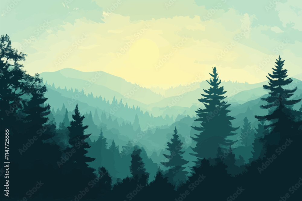 Fototapeta premium Peaceful Morning View of Hills and Forest with Sunlight