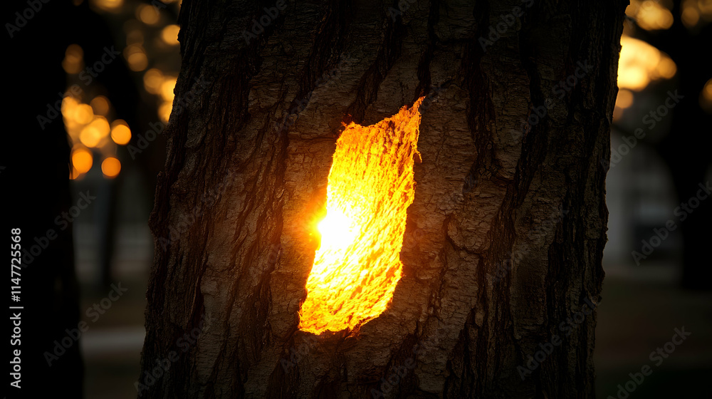 Fototapeta premium Sunset Glowing Through Tree Bark Illustration