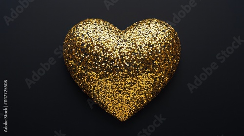 Glittering golden heart against a black background, blending luxury with simplicity.