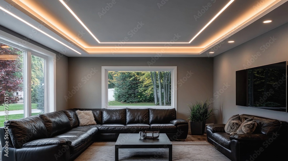 Fototapeta premium Modern living room with recessed lighting and leather sofa.
