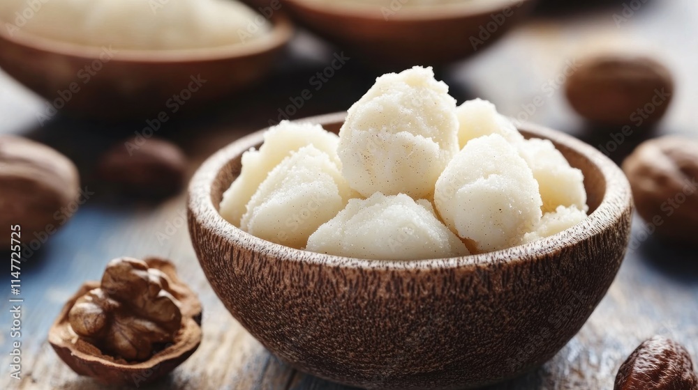 Shea Butter In Wooden Bowl With Nuts