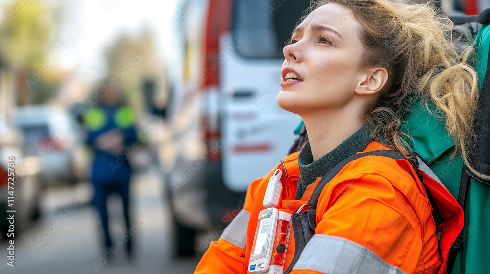 A woman in an orange jacket looks up in distress with a blurred background.. A woman in an orange jacket looks up in distress with a blurred background..