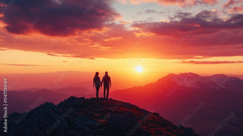 A beautiful sunrise on a mountaintop with two people holding hands, staring at the horizon, symbolizing hope, personal growth, and new opportunities. A beautiful sunrise on a mountaintop with two people holding hands, staring at the horizon, symbolizing hope, personal growth, and new opportunities.