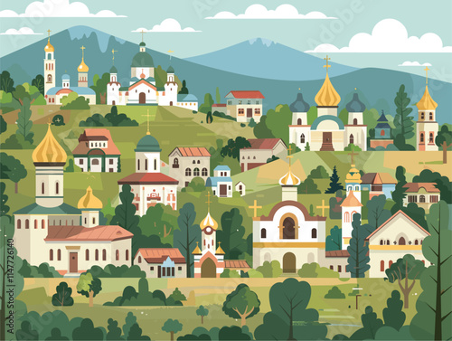 Vibrant Vector Landscape: Sacred Temples Adorned in Architectural Splendor and Lush Surroundings
