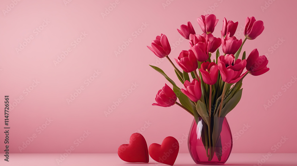 Elegant Pink Tulips in Vase with Red Hearts on Pastel Background Elegant Pink Tulips in Vase with Red Hearts on Pastel Background