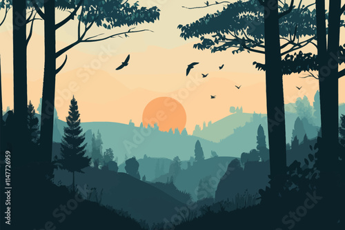 Peaceful Morning View of Hills and Forest with Sunlight