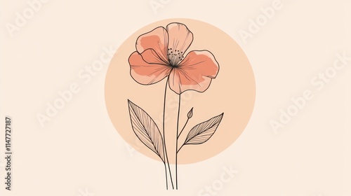 Minimalist peach flower illustration with line art leaves on a beige background.