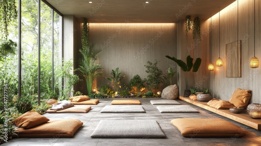 Fototapeta premium Serene meditation room, plants, cushions, floor mats.