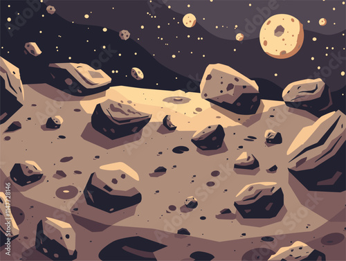 View Of Asteroid Surface In Space: Rocky And Cratered Asteroid In Violet Fog In Flat Cartoon Style