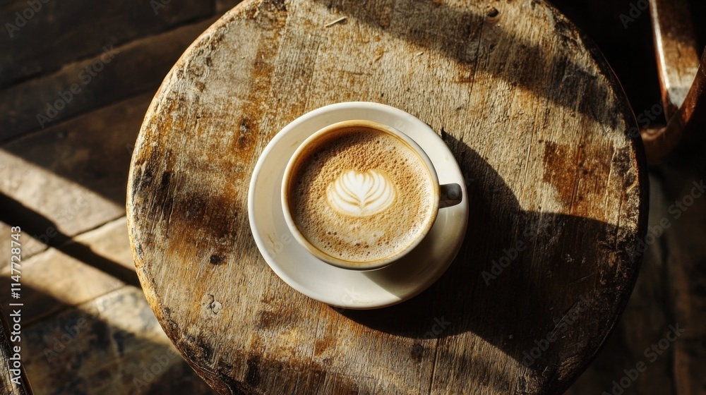 Top view of a frothy cappuccino with latte art in a white cup, placed on a wooden table. Top view of a frothy cappuccino with latte art in a white cup, placed on a wooden table.