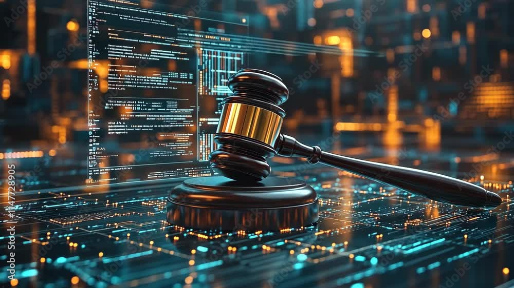 Gavel symbolizes justice with digital technology background illustrating modern legal practices and cybersecurity trends