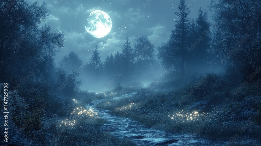 Moonlit forest path, glowing flora, mystical night. Moonlit forest path, glowing flora, mystical night.