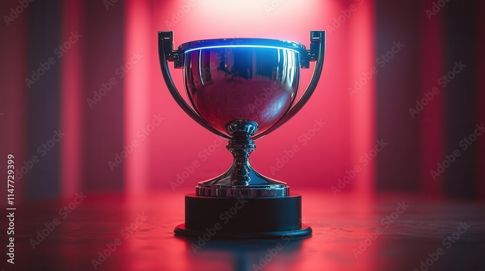 A shiny trophy with a blue light, symbolizing achievement and victory, set against a dramatic red backdrop. A shiny trophy with a blue light, symbolizing achievement and victory, set against a dramatic red backdrop.