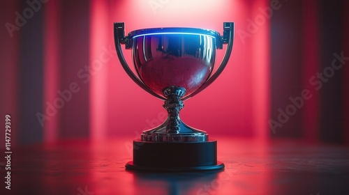 A shiny trophy with a blue light, symbolizing achievement and victory, set against a dramatic red backdrop.