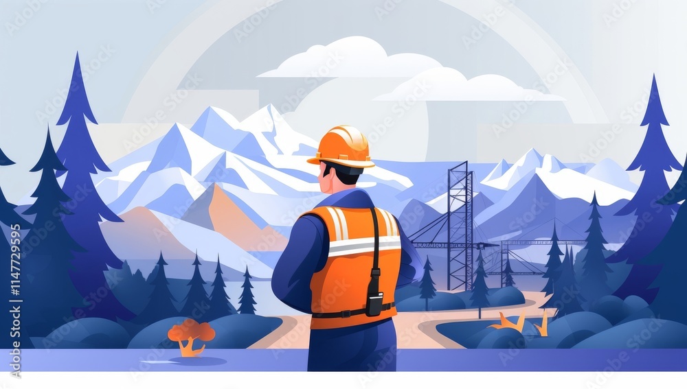 Fototapeta premium Construction Worker Contemplating Majestic Mountain View