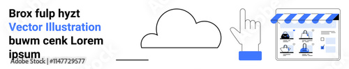 Cloud icon with hanging arrow, pointing finger, shopping cart interface. Ideal for cloud services, online shopping, web interfaces, digital management, technology solutions, interactive tutorials
