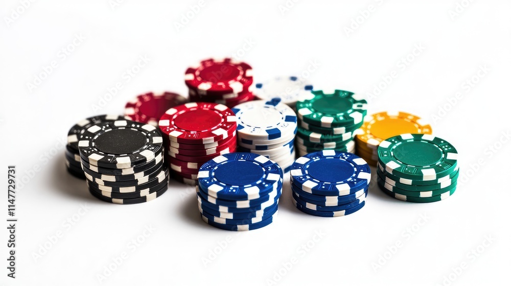 A colorful arrangement of casino chips on a simple white background, capturing the essence of gaming excitement and strategic play.