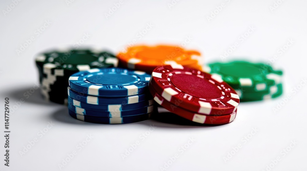 A colorful arrangement of casino chips on a simple white background, capturing the essence of gaming excitement and strategic play. A colorful arrangement of casino chips on a simple white background, capturing the essence of gaming excitement and strategic play.