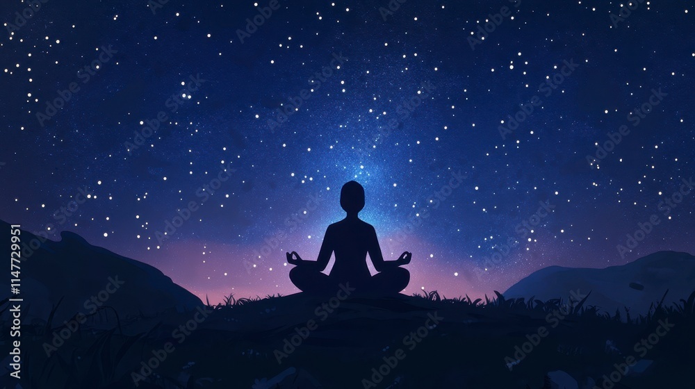 Woman Meditating Under Starry Night Sky - Peaceful Yoga Pose Woman Meditating Under Starry Night Sky - Peaceful Yoga Pose