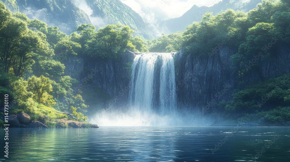 Fototapeta premium Serene waterfall cascades into tranquil lake.