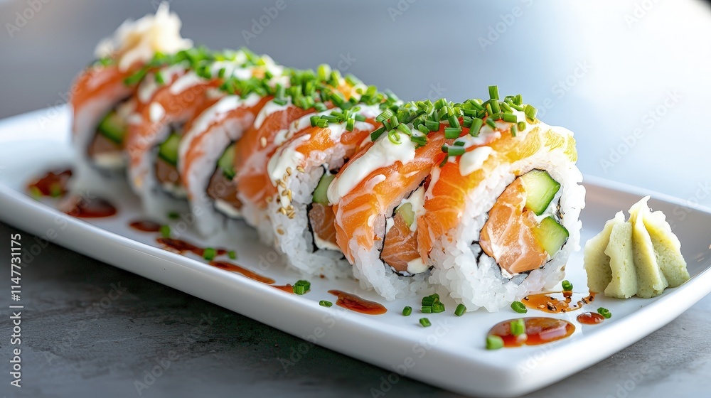 Delicious salmon sushi roll with creamy sauce, cucumber, and chives on a white plate. Delicious salmon sushi roll with creamy sauce, cucumber, and chives on a white plate.