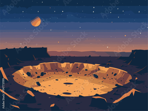Vector Illustration of a Planetary Surface Impact Site: A Depiction of the Impact Craters Formed by Meteoritic and Asteroid Collisions in an Animated and Minimalistic Style
