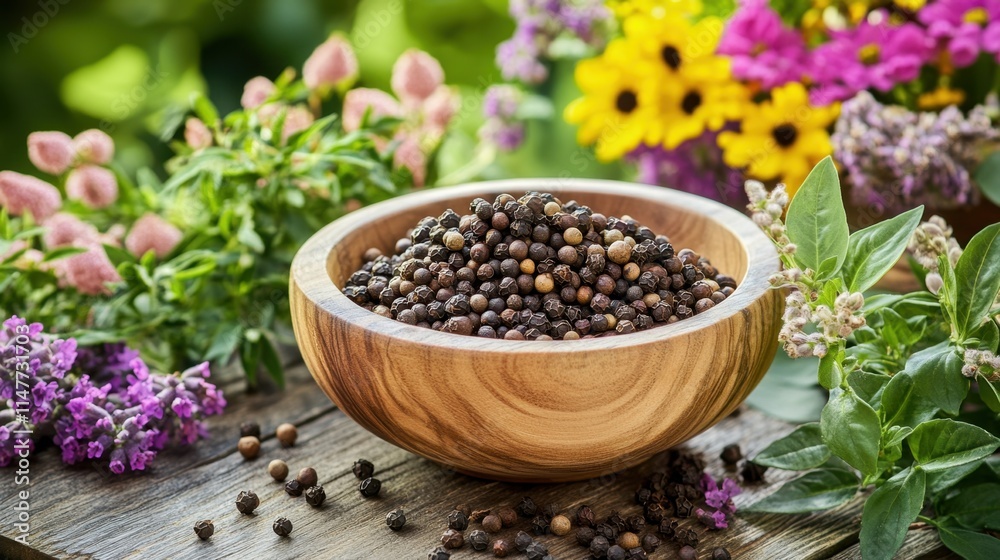 Fresh Spices and Colorful Flowers in a Rustic Garden Setting