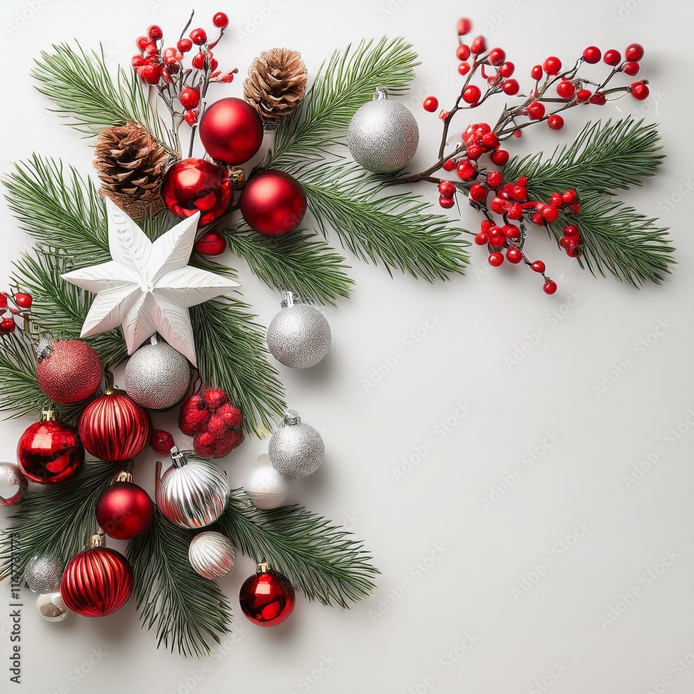 Winter Elegance: Holiday Decoration with Hanging Ornaments and Pine Accents Winter Elegance: Holiday Decoration with Hanging Ornaments and Pine Accents