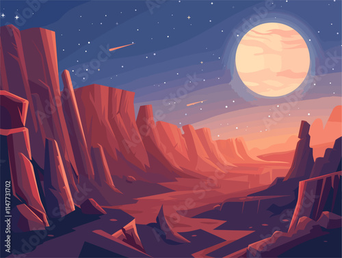 Animated Canyons: An otherworldly landscape of deep, elongated depressions, sculpted by the forces of nature in a vibrant and dynamic style.