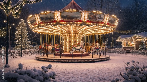 A festive vintage carousel lit with holiday lights, set against snow-covered paths and Christmas decorations, capturing the spirit of the season. photo