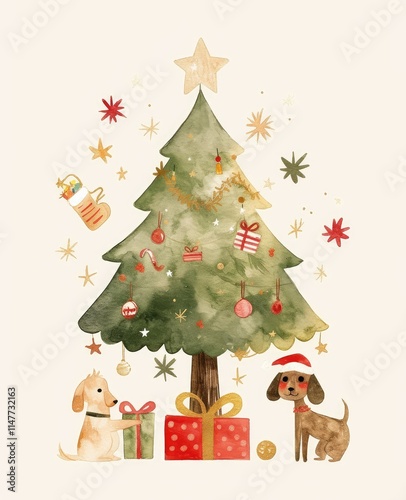 cute Christmas tree with presents and dogs