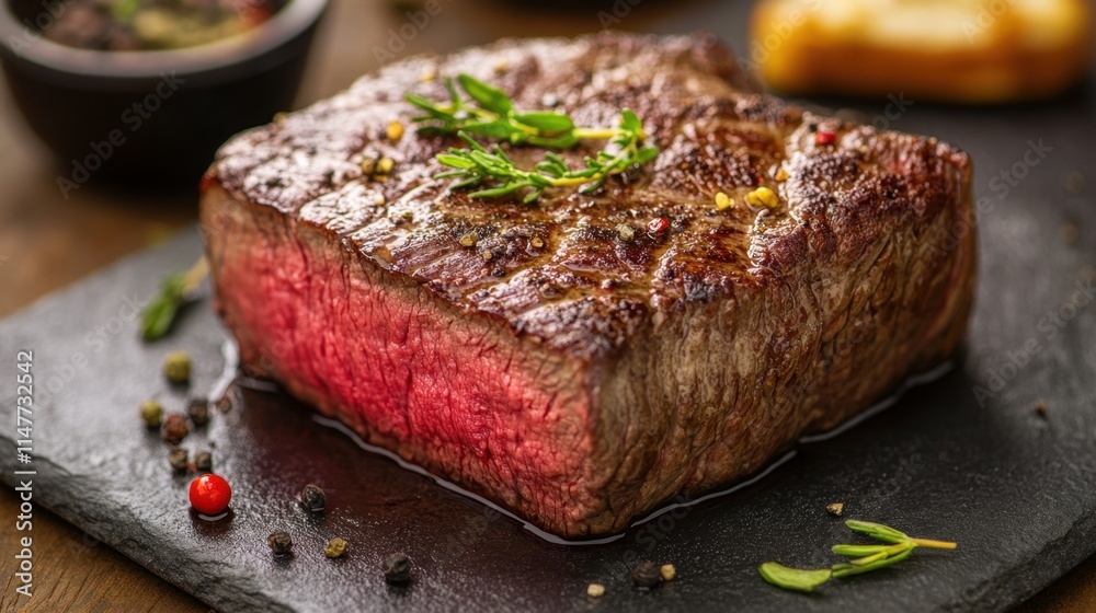 Juicy Grilled Steak on Slate Plate with Fresh Herbs and Spices Juicy Grilled Steak on Slate Plate with Fresh Herbs and Spices