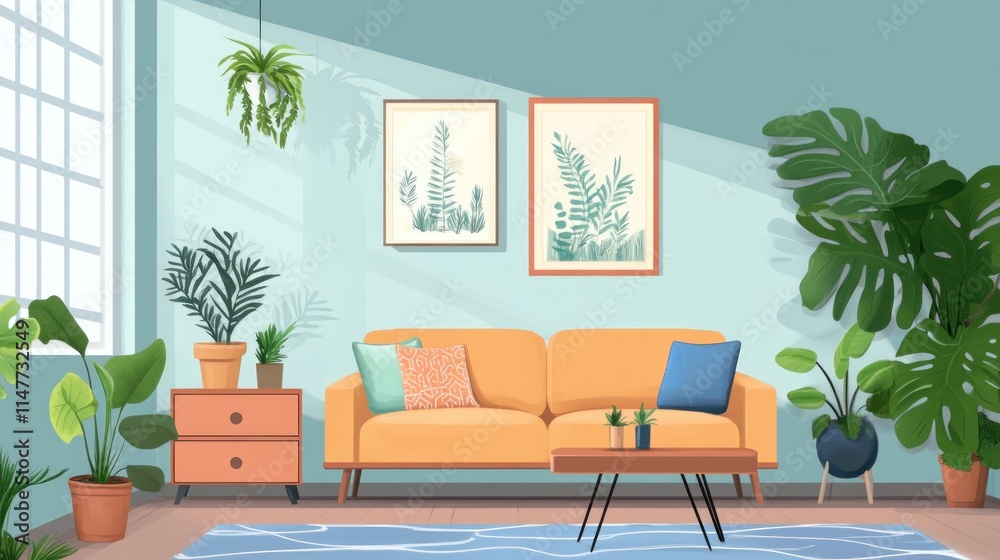 Sunlit Living Room with Orange Sofa and Abundant Plants