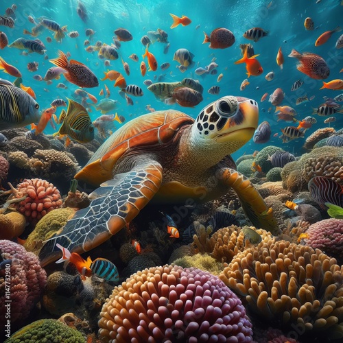 Green sea turtle swimming underwater near a coral reef in the tropical ocean surrounded by marine life photo