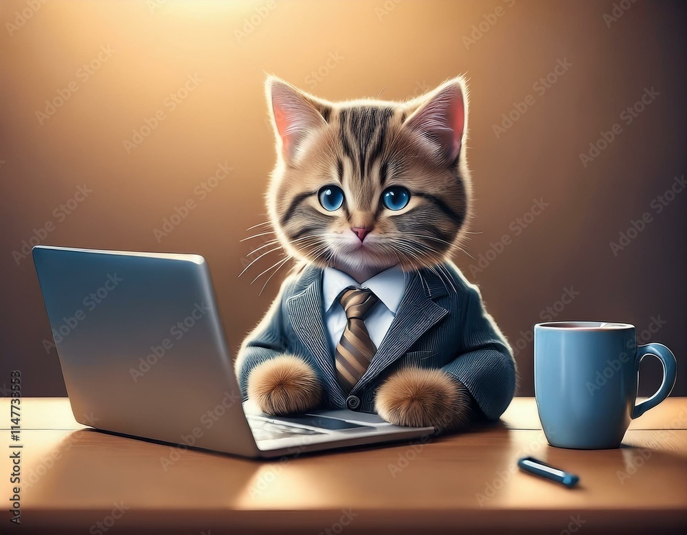 Generated image A cat in a business suit, sitting at a desk with a miniature laptop and coffee mug Generated image A cat in a business suit, sitting at a desk with a miniature laptop and coffee mug