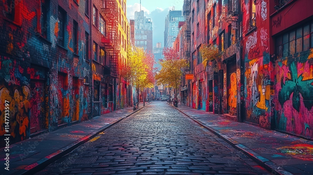 Fototapeta premium Cobblestone alley, vibrant graffiti, urban art.