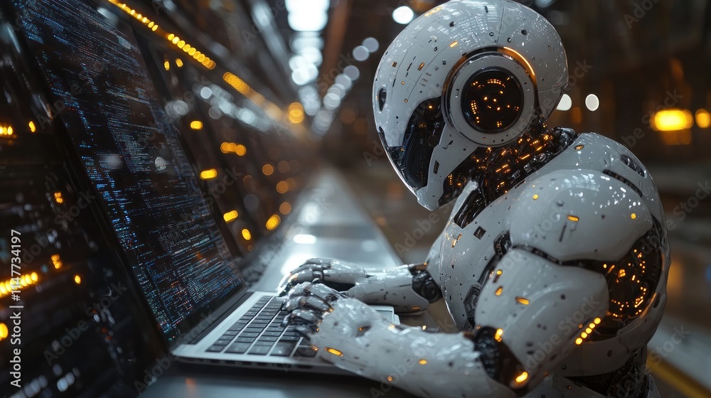Fototapeta premium Futuristic robot coding on laptop in server room.