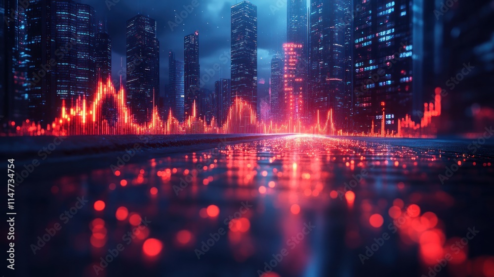 Futuristic city at night with glowing red data streams reflecting on wet street. Futuristic city at night with glowing red data streams reflecting on wet street.