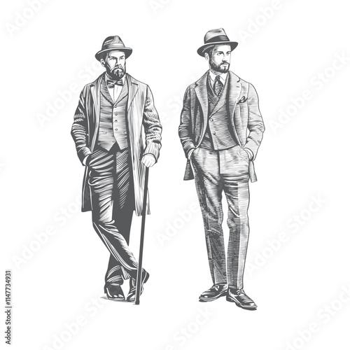 Two fashionable vintage gentlemen. Pen and ink. Vector engraving. Scratchboard illustration