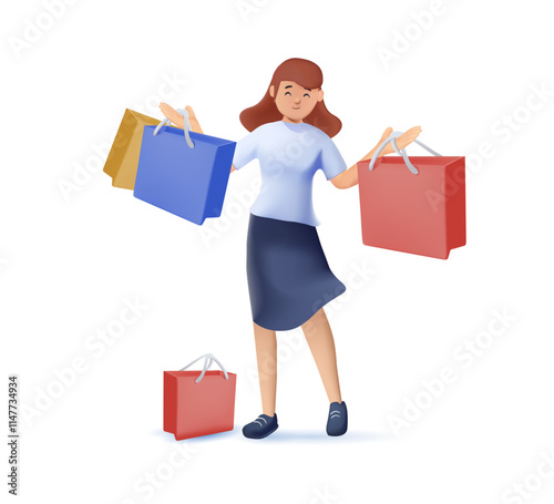 Woman carrying shopping bags with purchases. Woman taking part in seasonal sale at store, shop, mall. Cartoon characters isolated on white background. 3D cartoon style vector illustration