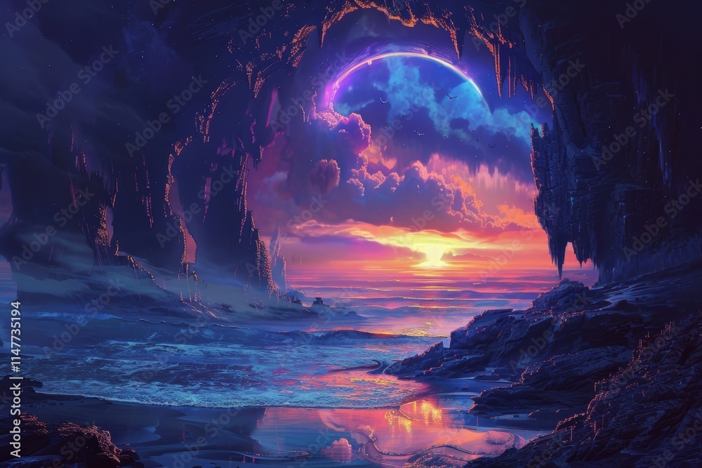 Fototapeta premium A Mystical Sunset Over a Rocky Seascape with a Crescent Moon
