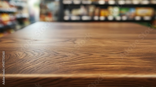 Wooden table surface with soft grain details, positioned against a vibrant, out-of-focus grocery store setting