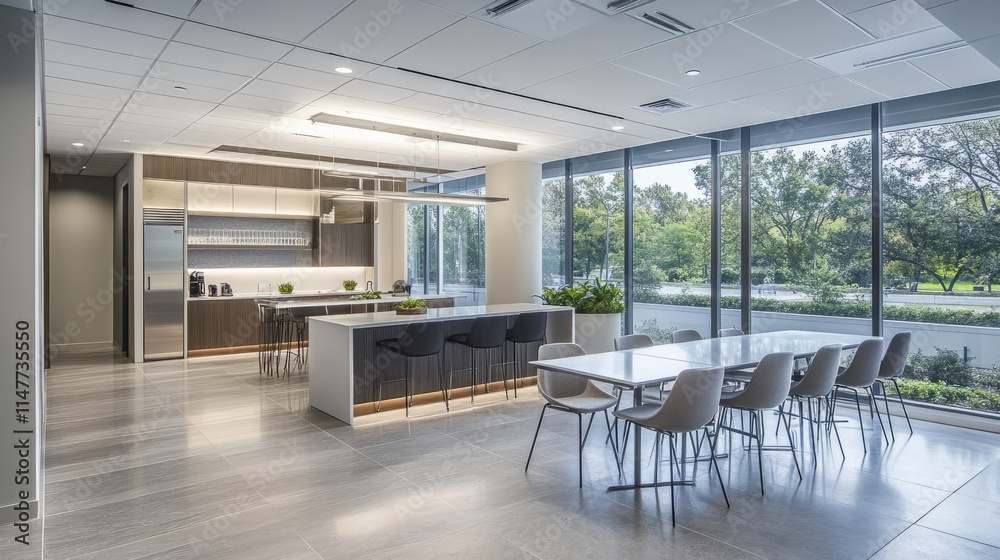 A modern office space with panoramic windows, a minimalist white and gray color scheme, and a central dining area offering a sleek, professional look. A modern office space with panoramic windows, a minimalist white and gray color scheme, and a central dining area offering a sleek, professional look.